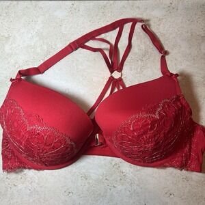 44C Cacique Front Close Boost Plunge Bra Red Gold Lace Floral Strappy Push Up